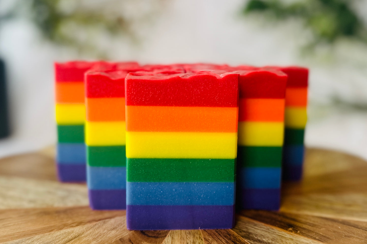 Rainbow Roots Handcrafted Handmade All Natural Artisan Soap Bars Close Up View Photo Stripes of Rainbow LGBTQIA+ Inclusive Diversity