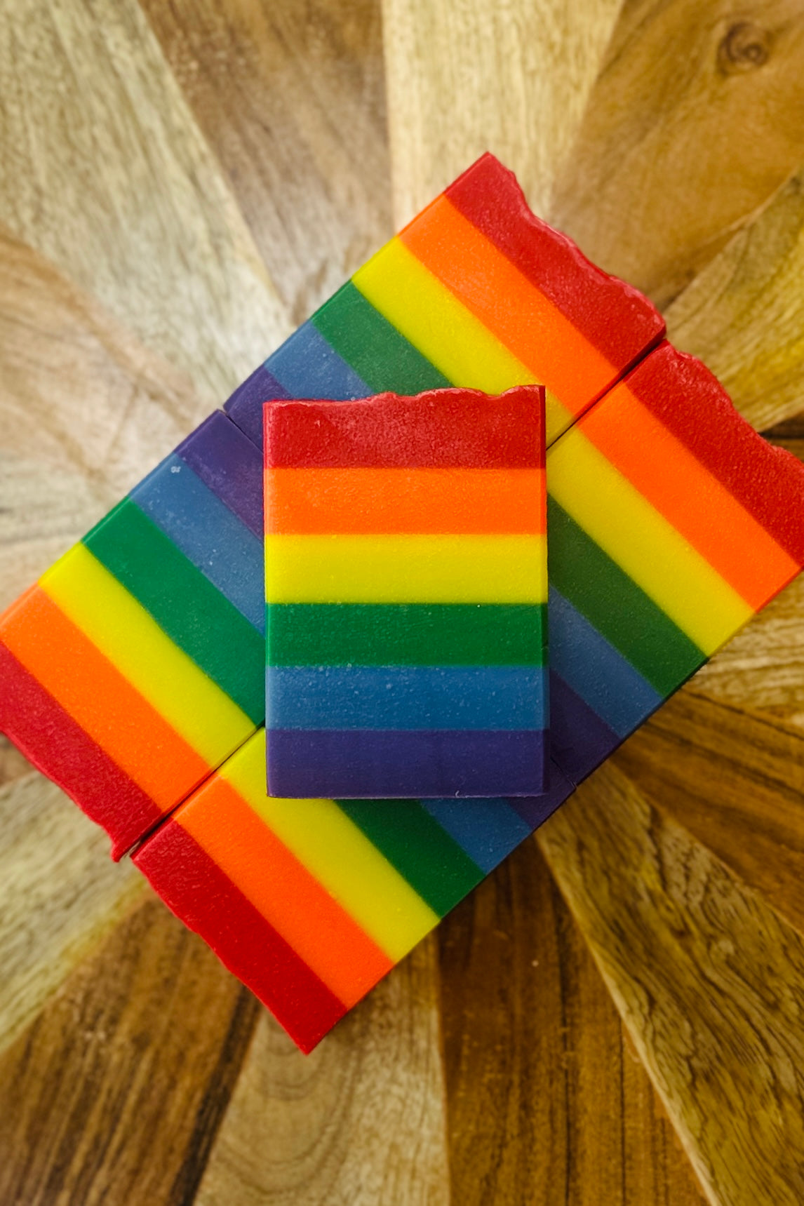 Rainbow Roots Handcrafted Handmade All Natural Artisan Soap Bars Top View Photo Stripes of Rainbow LGBTQIA+ Inclusive Diversity 